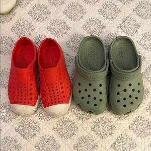 Size 11 Kids. Green Crocs | Red Native